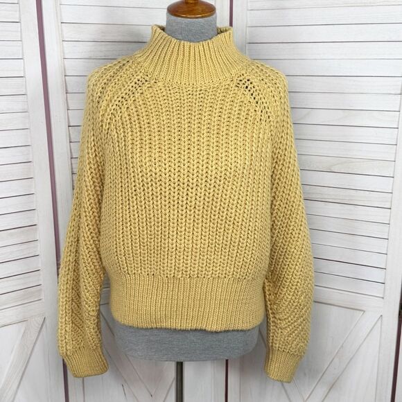 H&M Chunky Knit Funnel Neck Barrel Sleeve Crop Sweater Yellow Medium - Picture 1 of 12